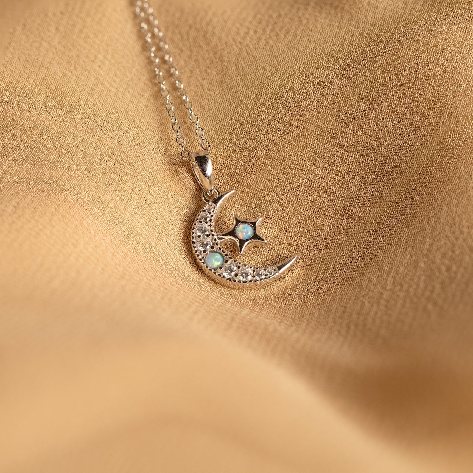 Opal Moon & Star Necklace Sterling Silver