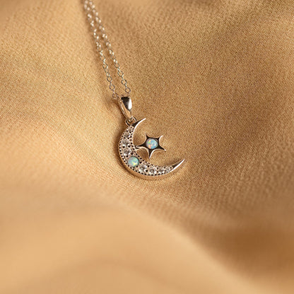 Opal Moon & Star Necklace Sterling Silver
