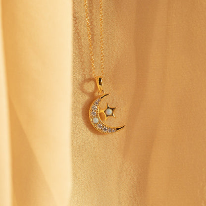 Opal Moon & Star Necklace 18K Gold