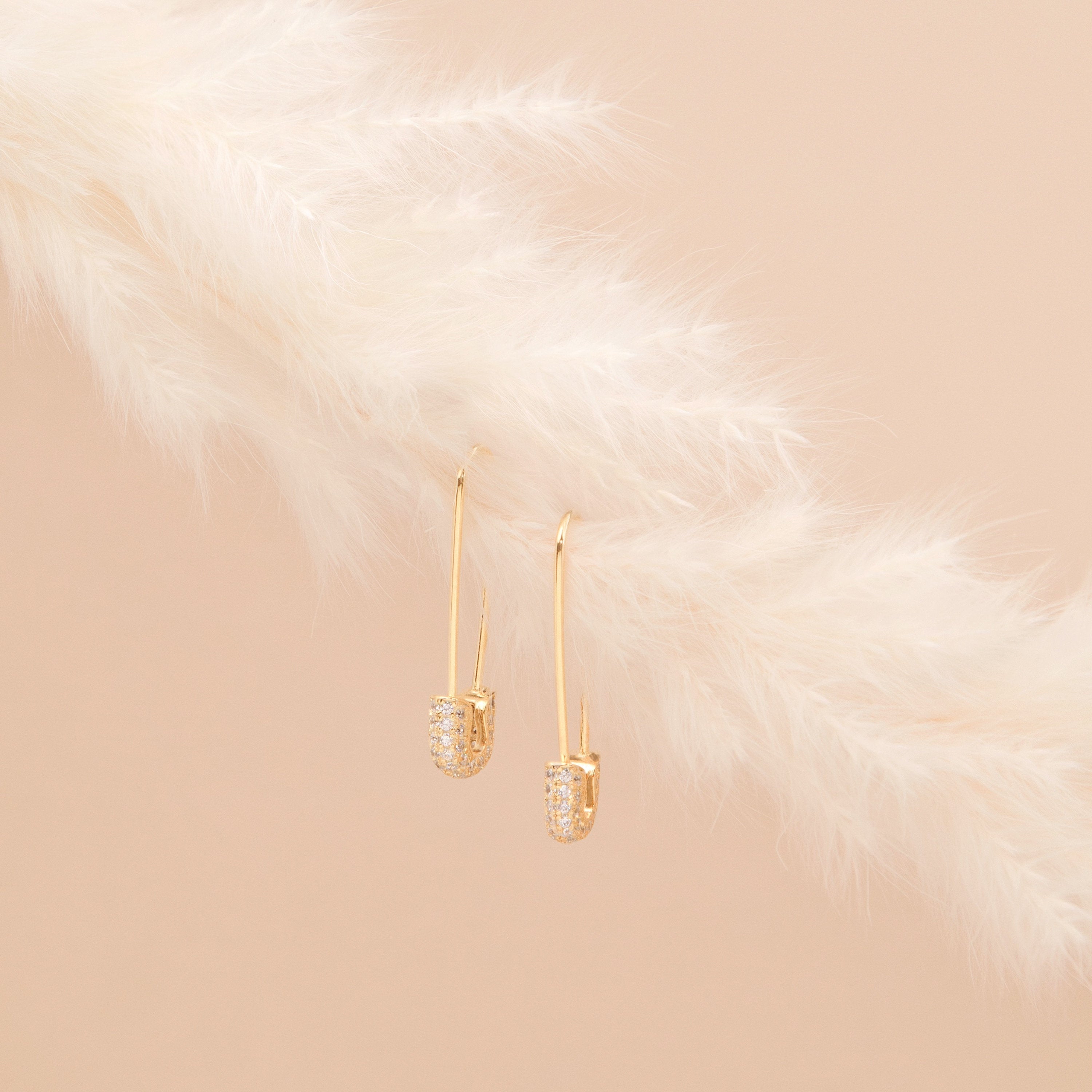 Pave Safety Pin Earrings With 18k Gold