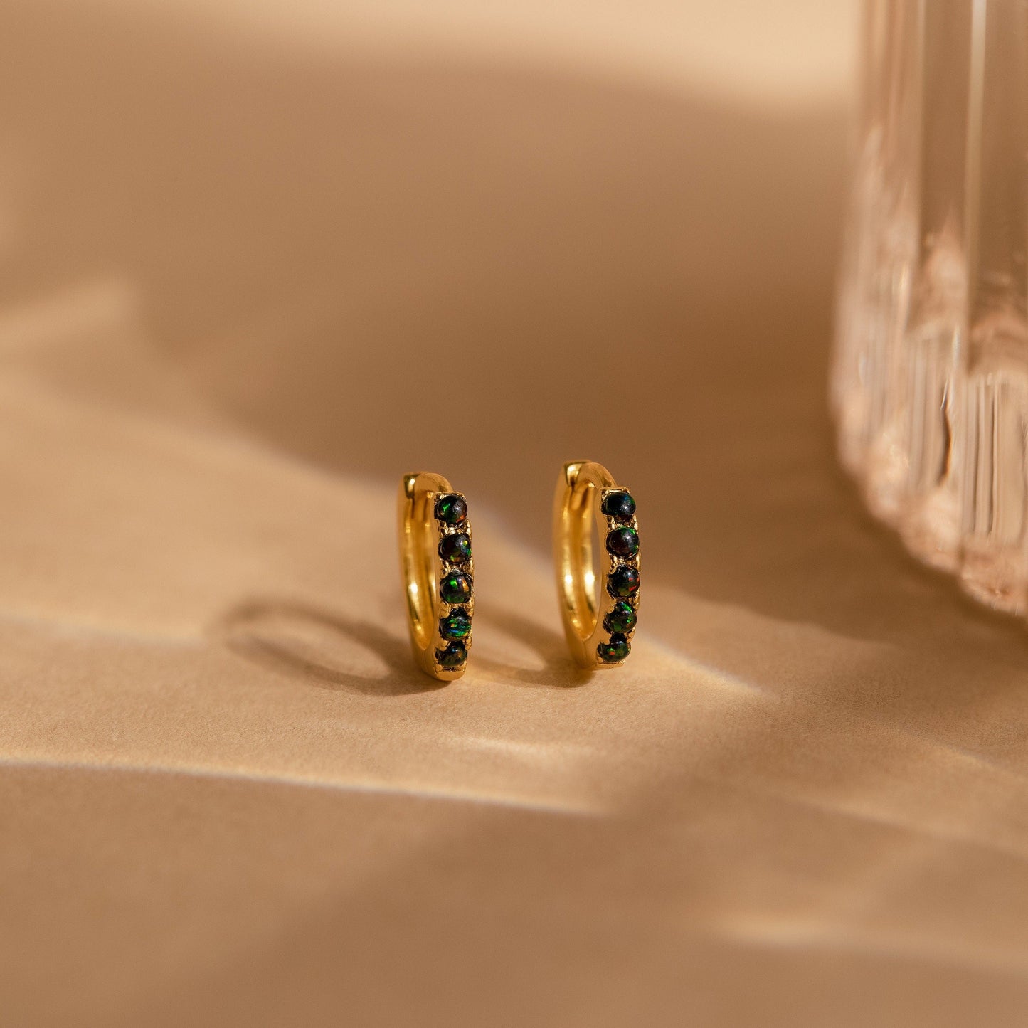 Black Sand Opal Huggie Hoops 18K Gold