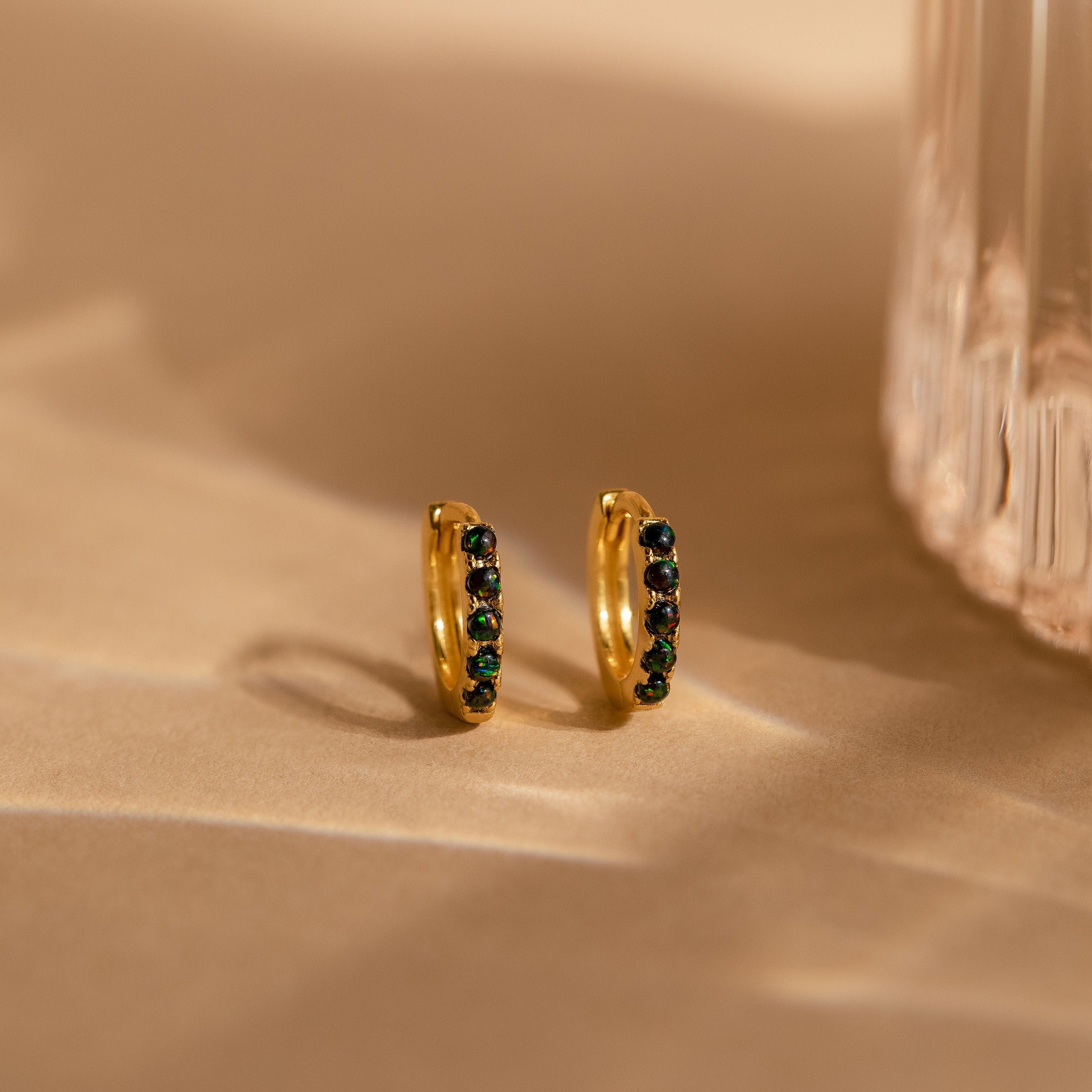 Black Sand Opal Huggie Hoops 18K Gold