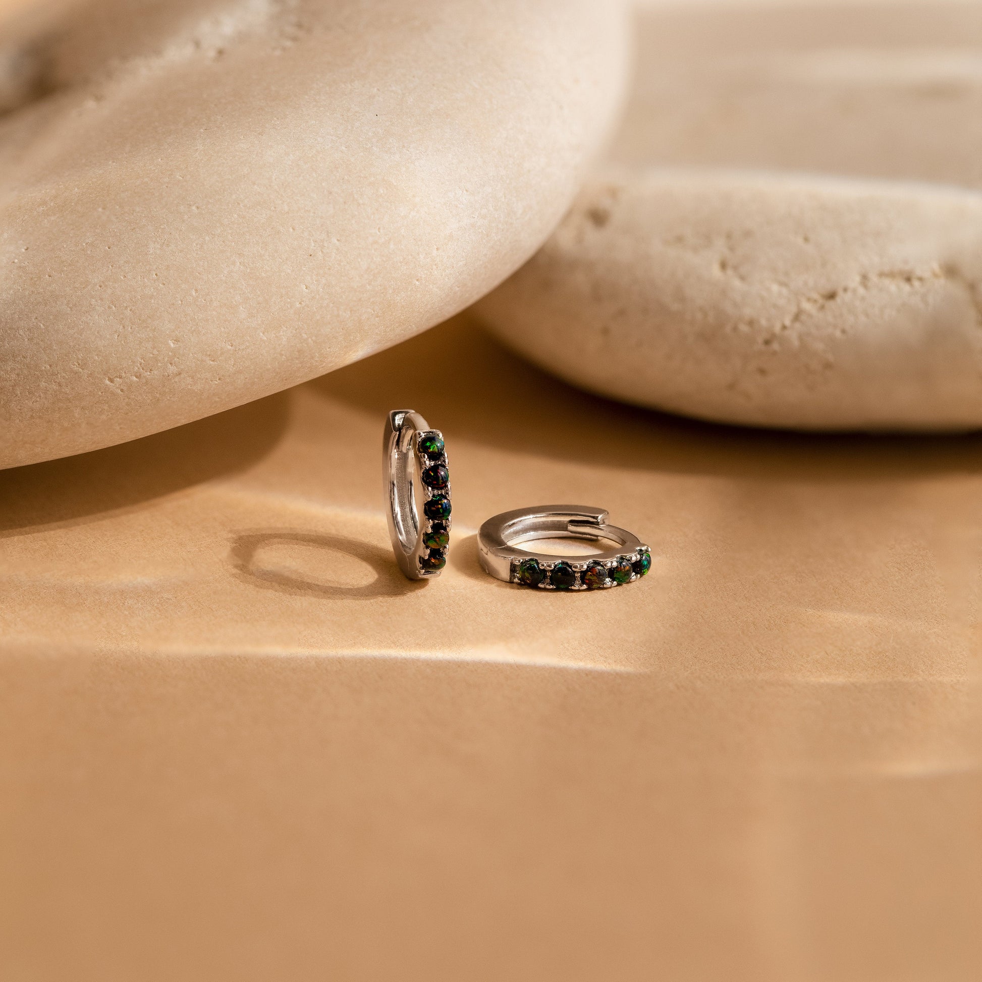 Black Sand Opal Huggie Hoops Sterling Silver
