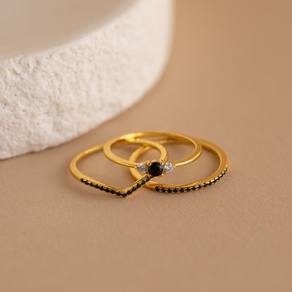 Set of 3 Black Diamond Rings Collection 18K Gold