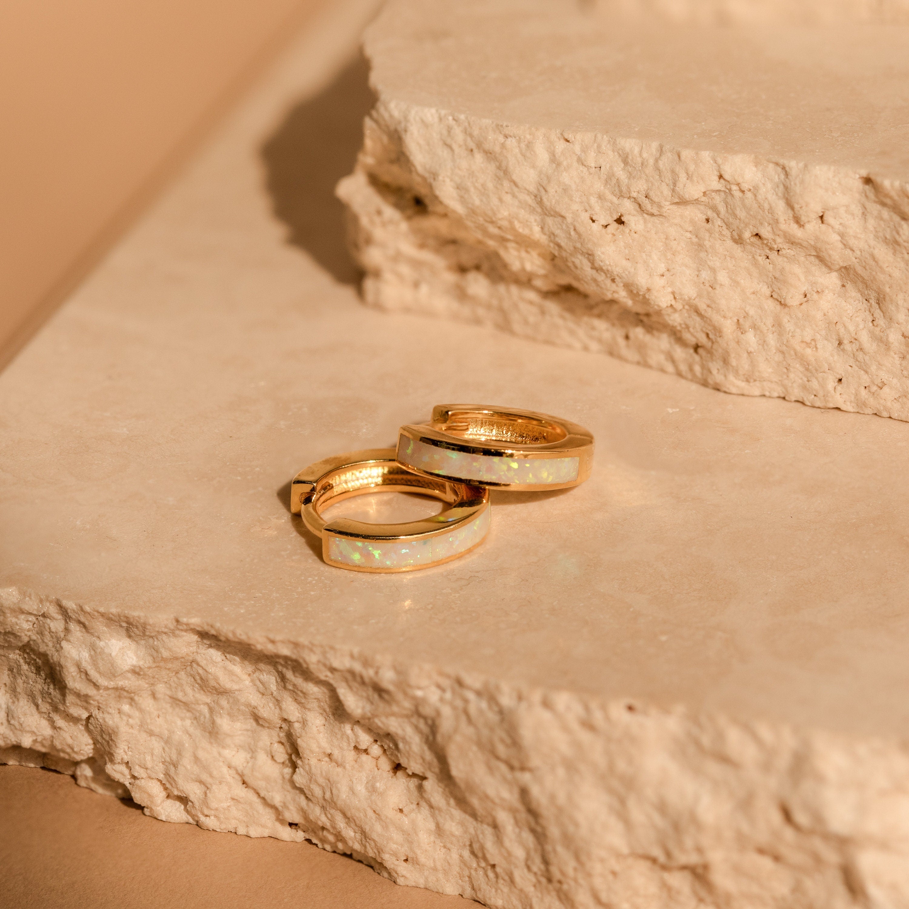 White Opal Inlay Huggies 18K Gold