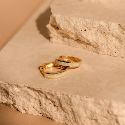 White Opal Inlay Huggies 18K Gold