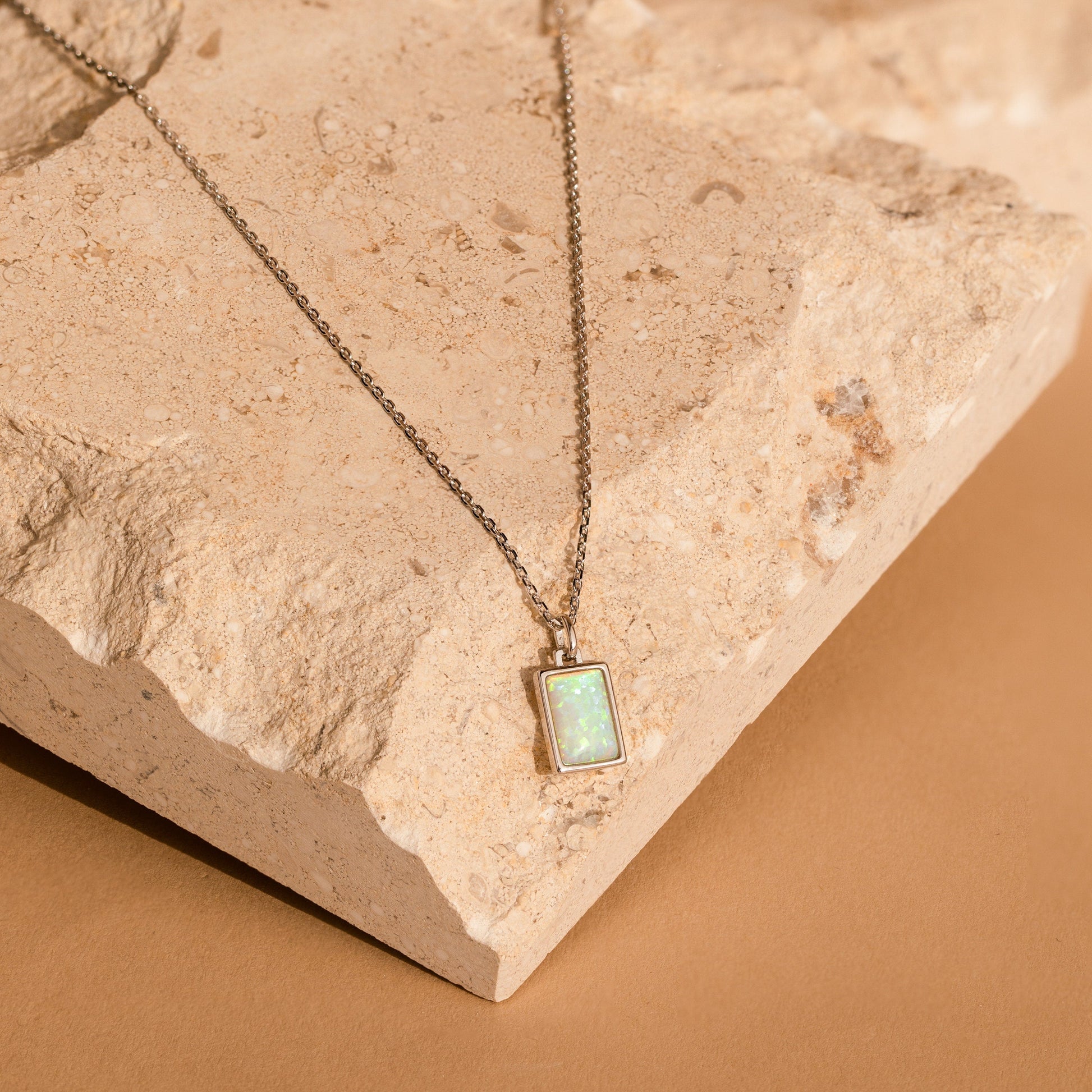White Opal Rectangle Necklace Sterling Silver