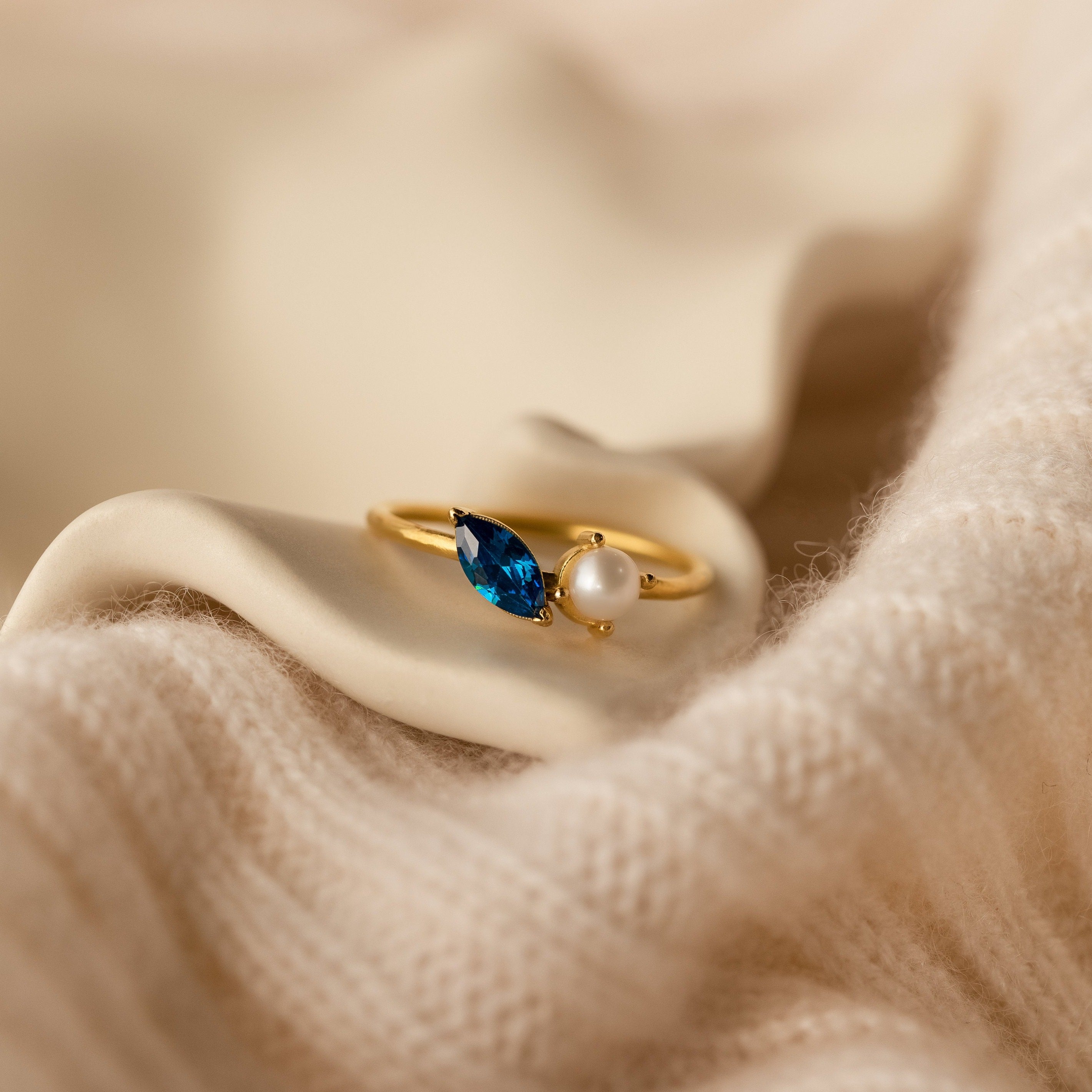 Personalized Elegance: Marquise Birthstone & Pearl Stackable Ring
