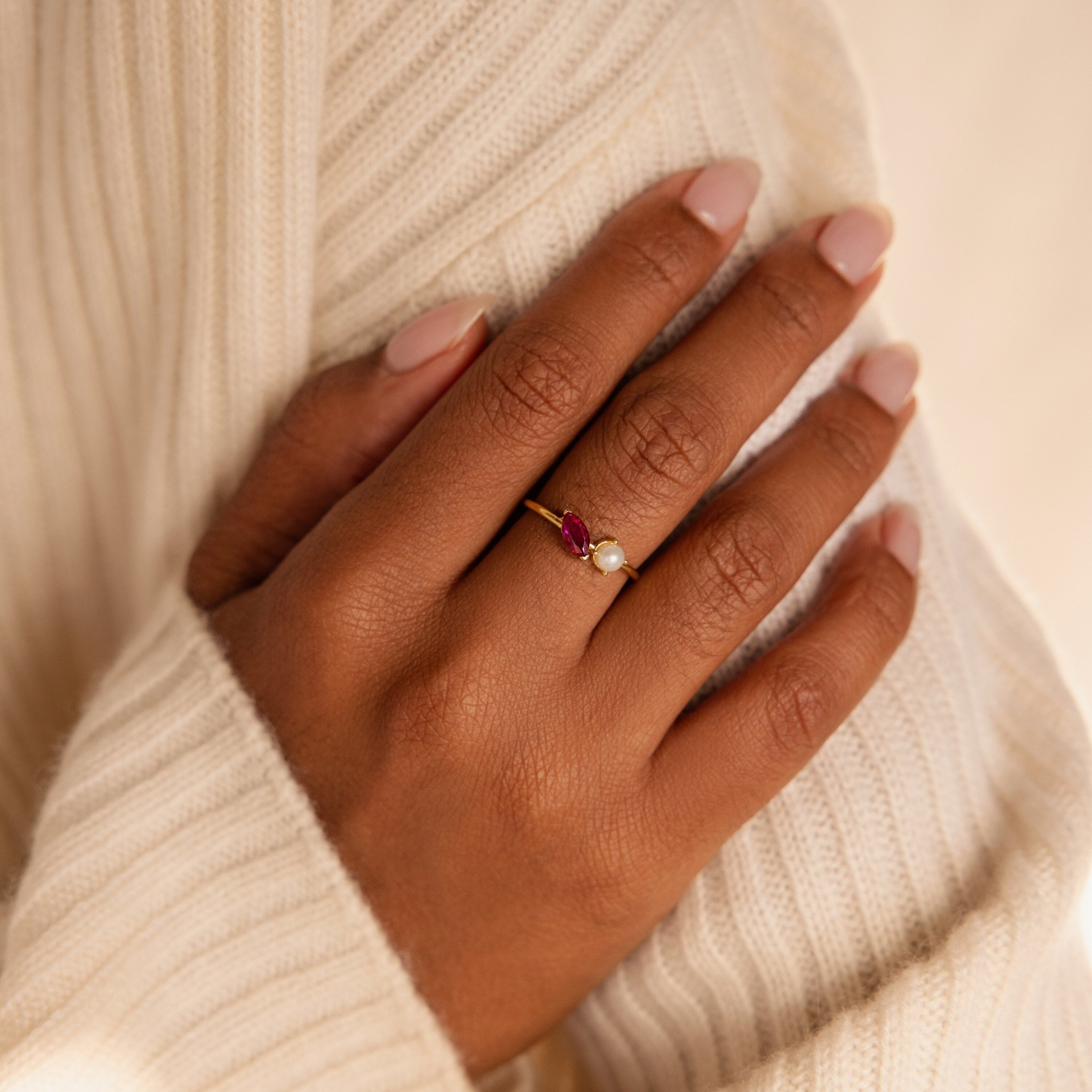Personalized Elegance: Marquise Birthstone & Pearl Stackable Ring