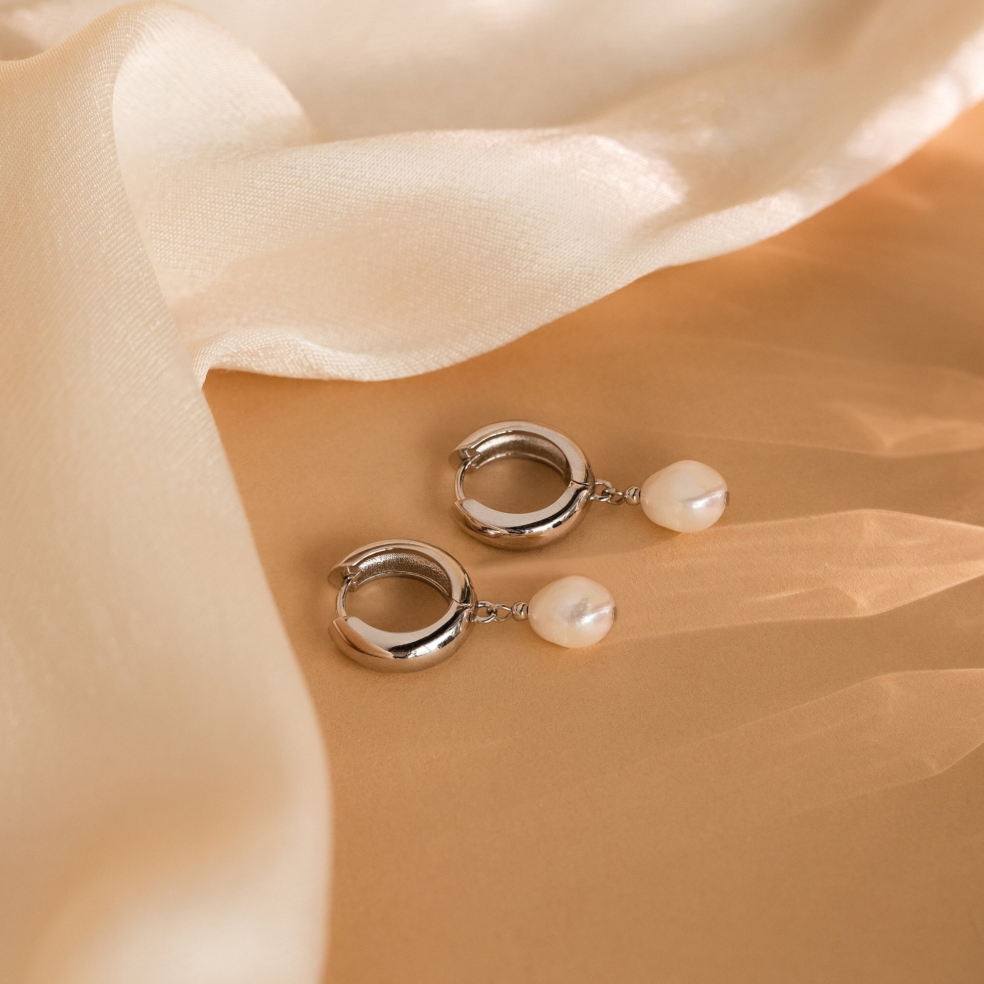 Pearl Drop Hoops Sterling Silver