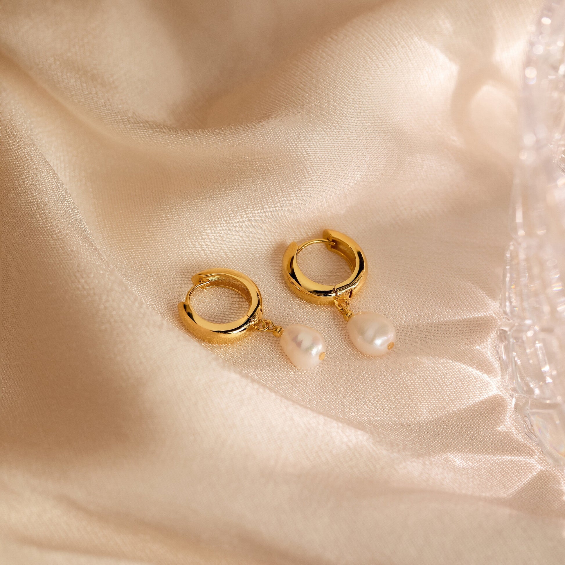 Pearl Drop Hoops 18K Gold