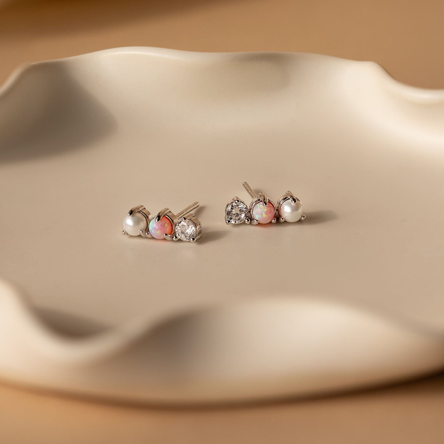 Pearl, Opal & Diamond Studs Sterling Silver