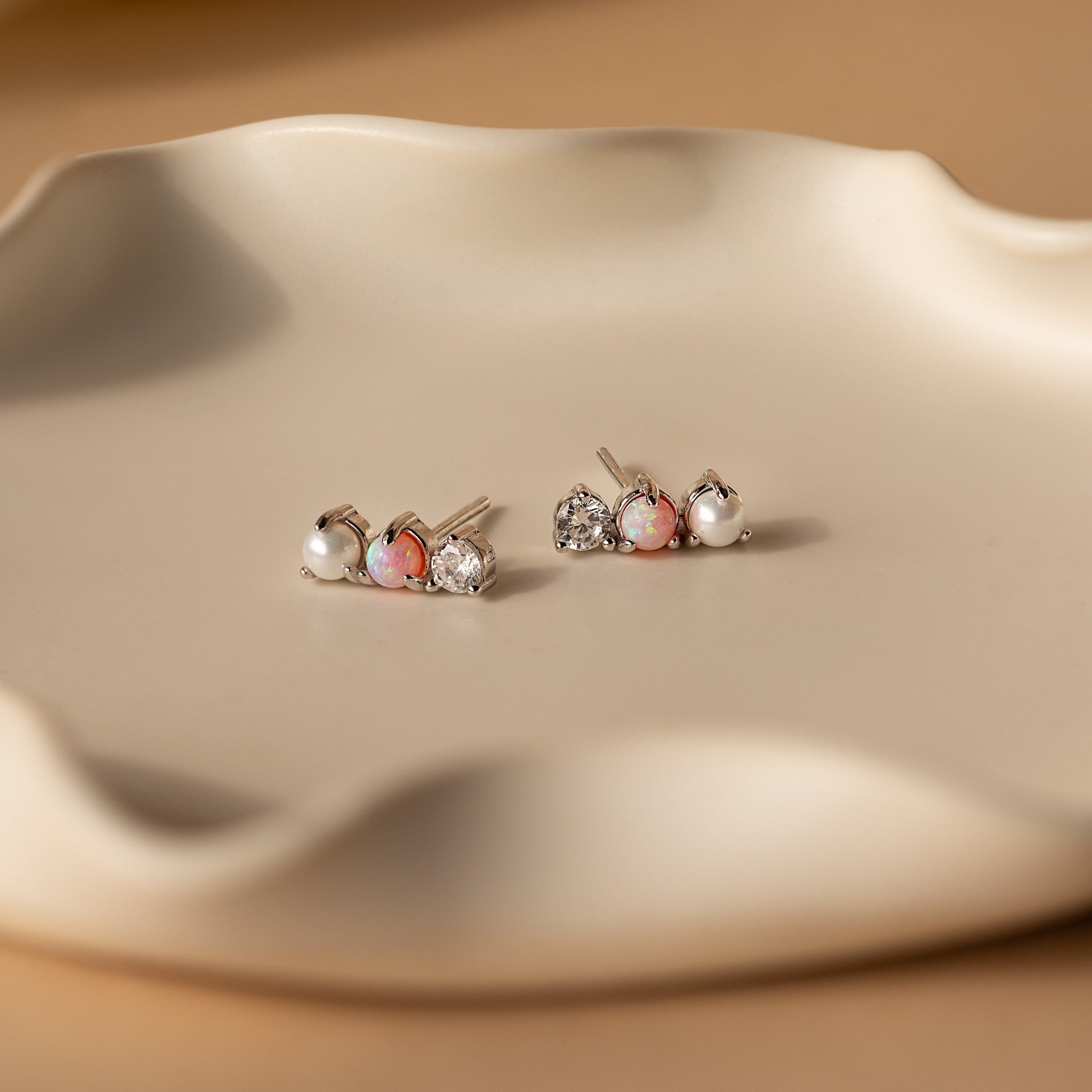 Pearl, Opal & Diamond Studs Sterling Silver