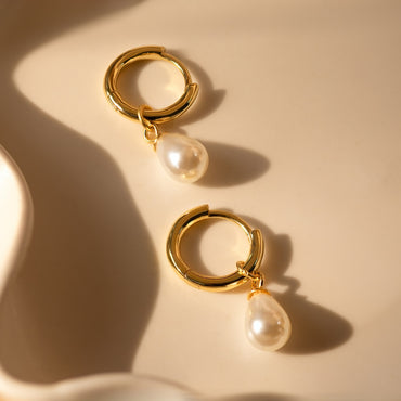 Dainty Pearl Drop Huggies 18K Gold