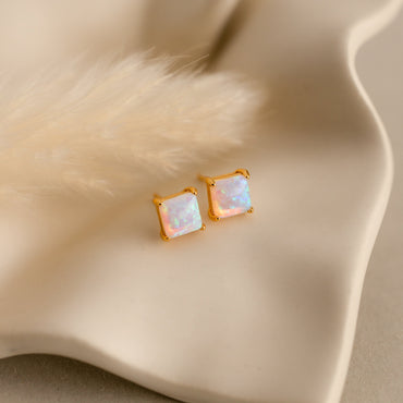 Princess Cut Opal Studs 18K Gold