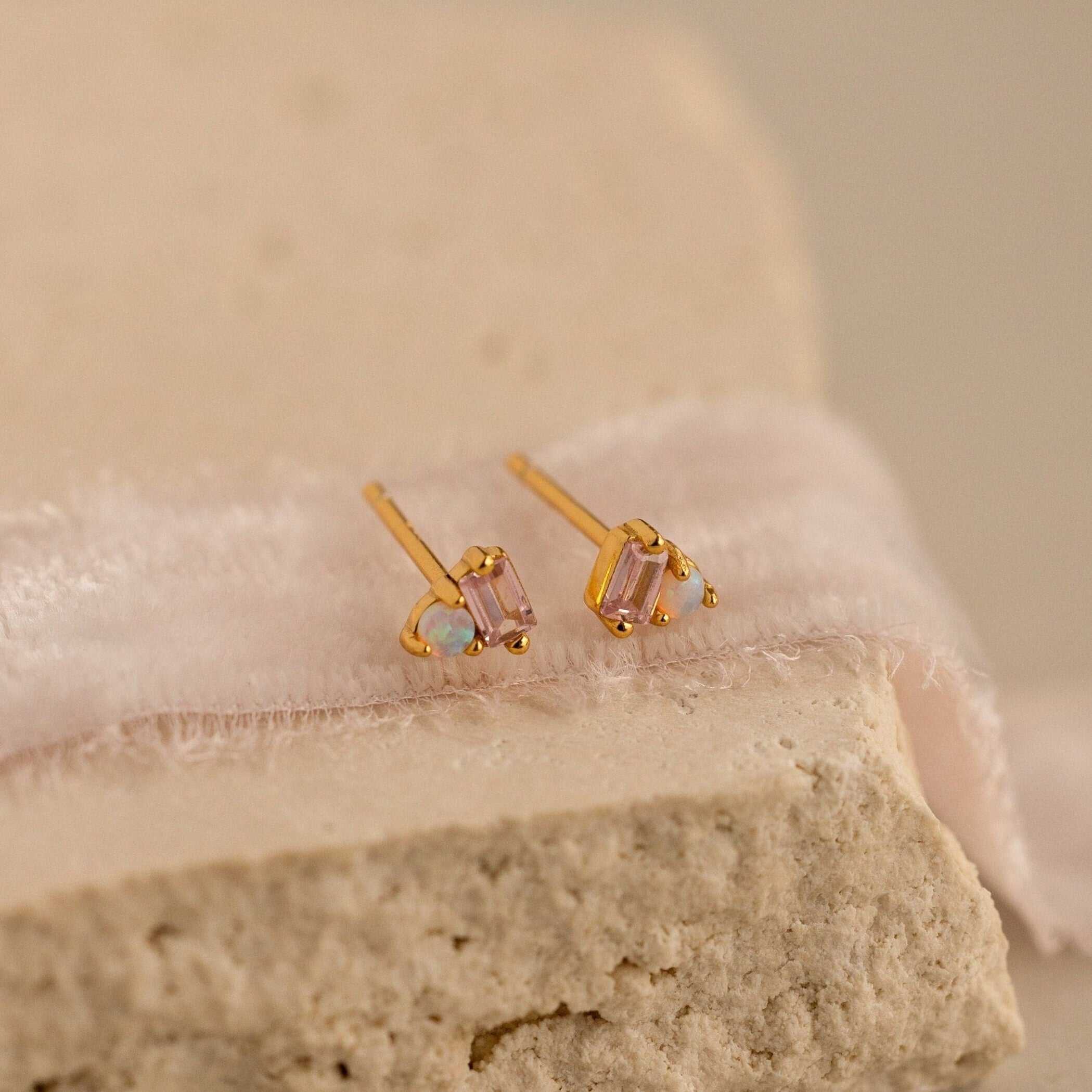 Pink Baguette Opal Studs 18K Gold