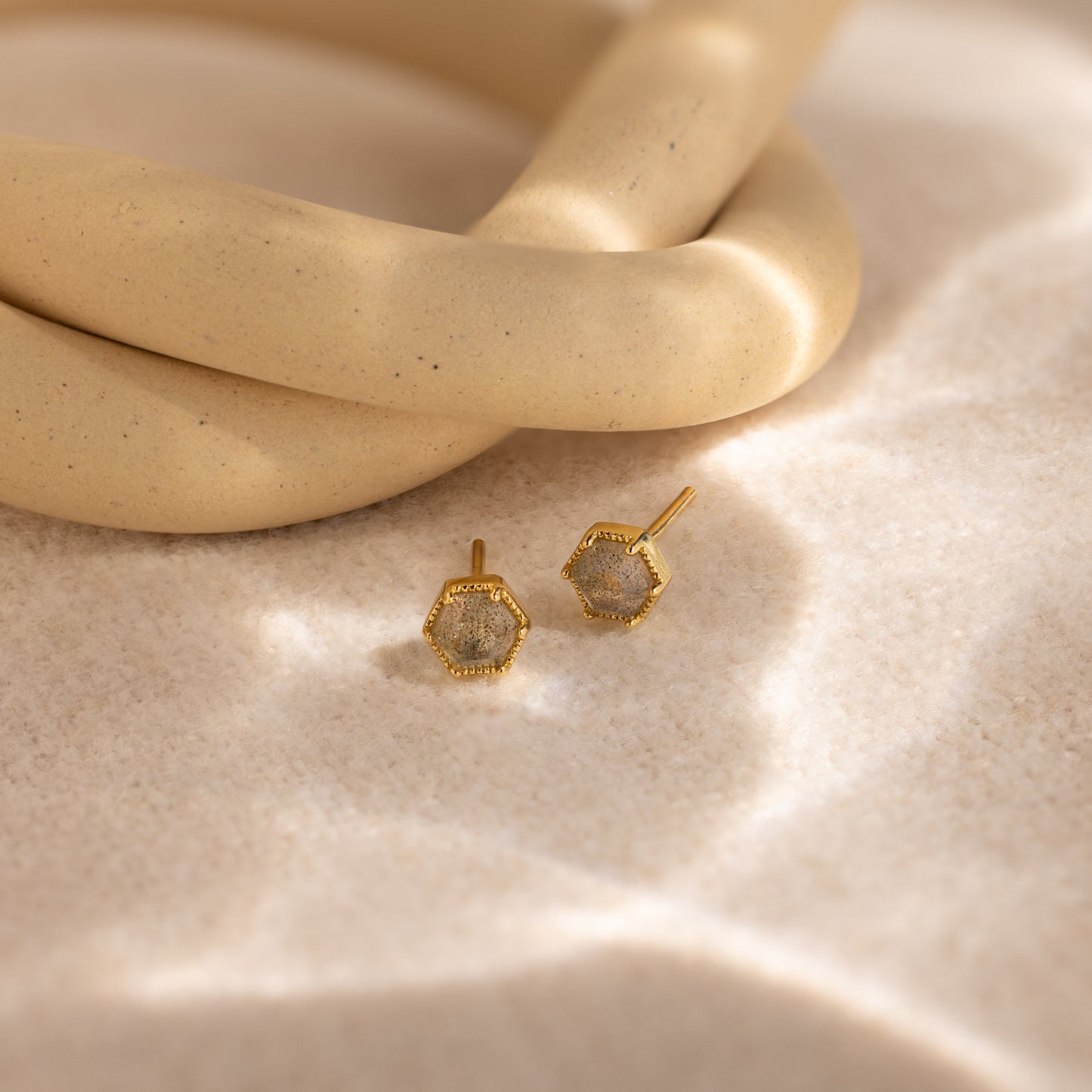 Labradorite Hexagon Studs 18K Gold