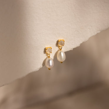 Moonstone Pearl Drop Earrings 18K Gold