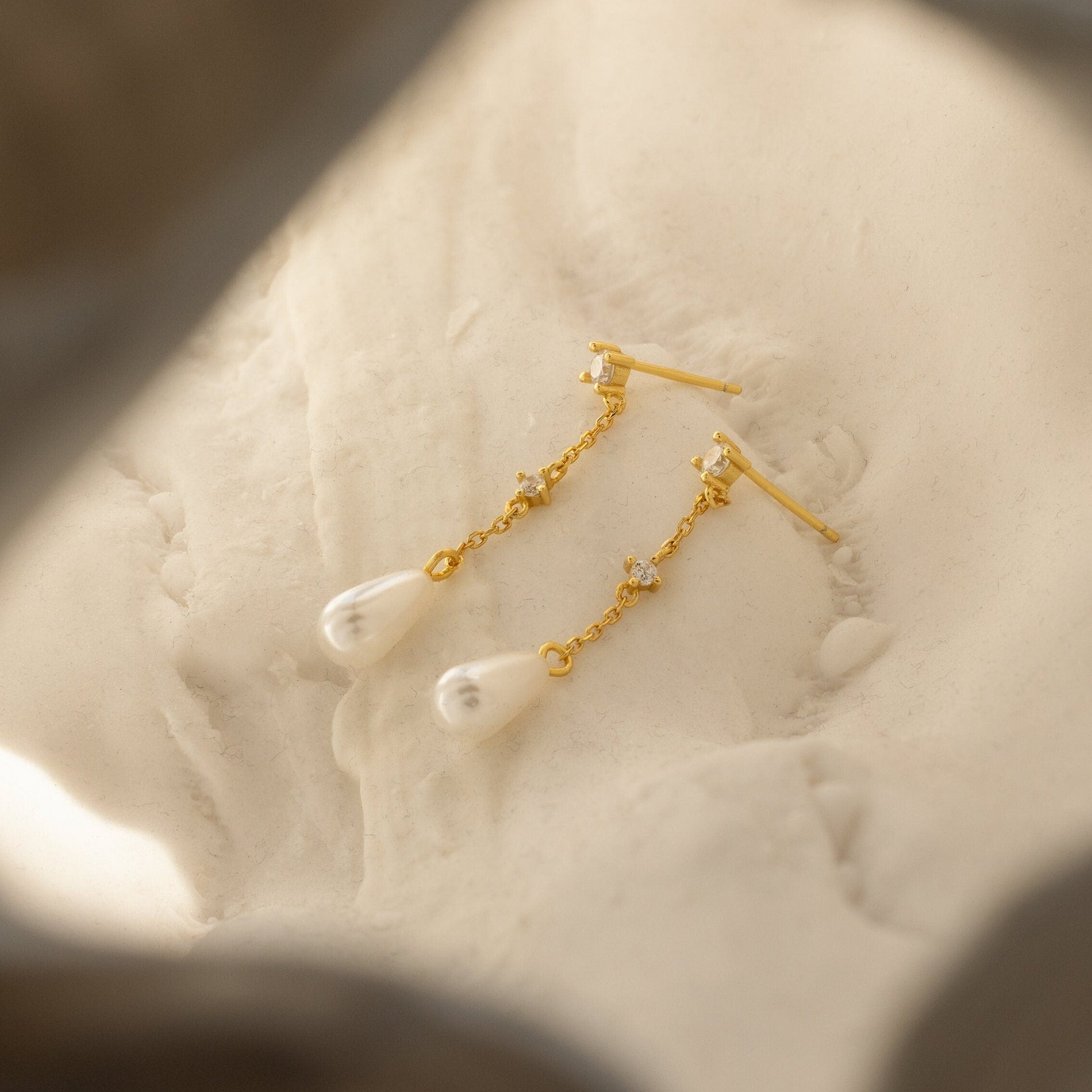 Diamond Pearl Chain Earrings 18K Gold