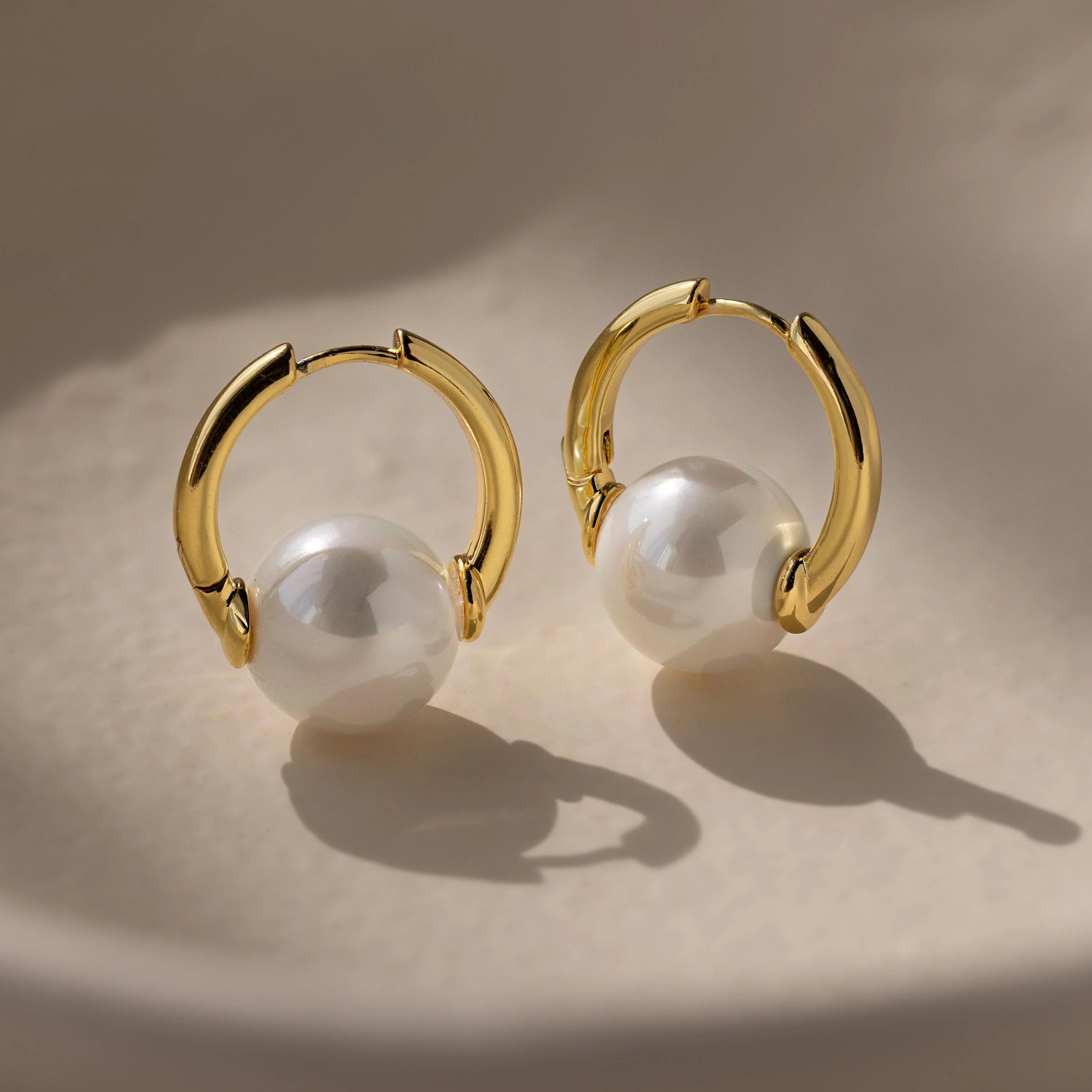 Bold Round Pearl Hoops in 18K gold by Luxez Jewels