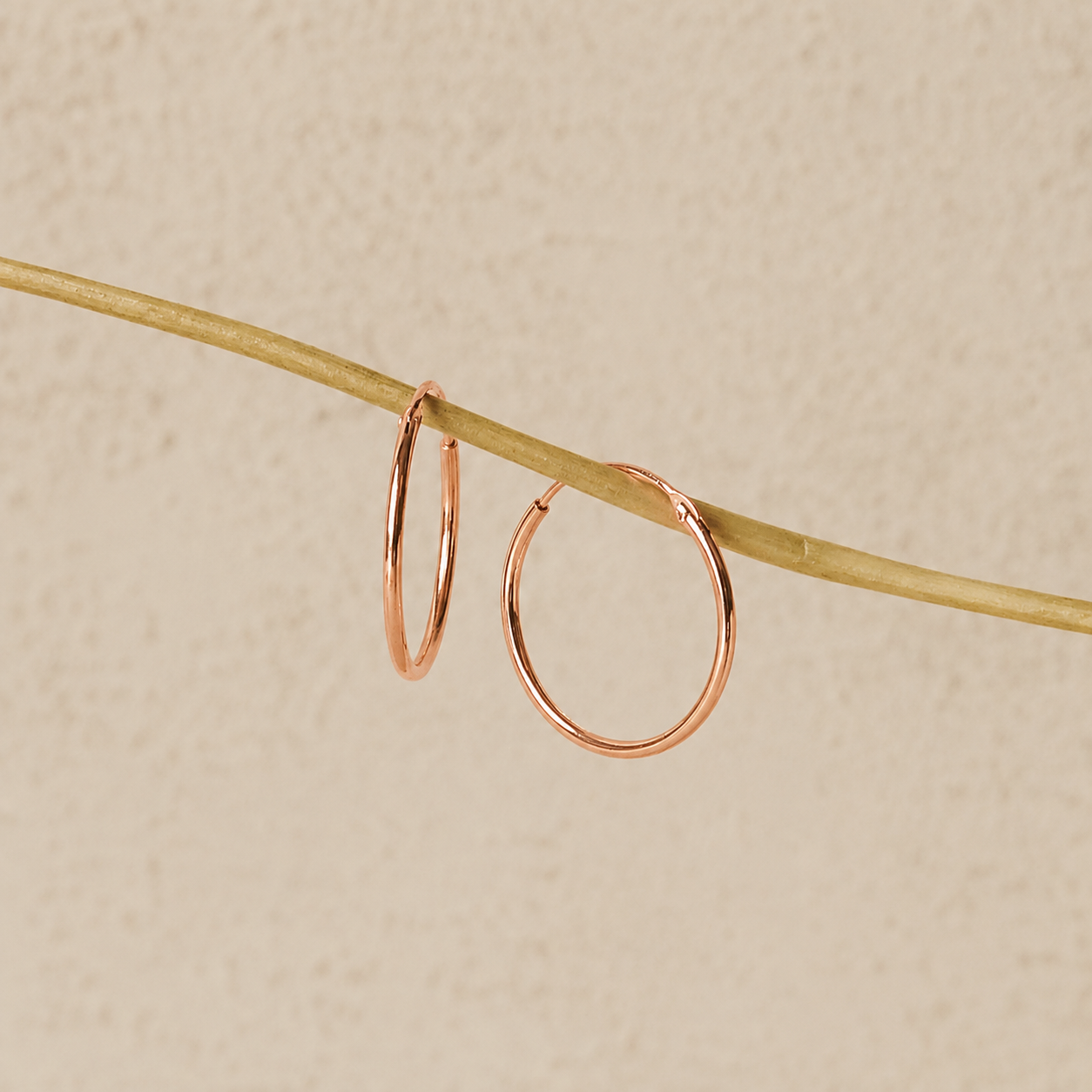 Rose gold hoop earrings on a beige background
