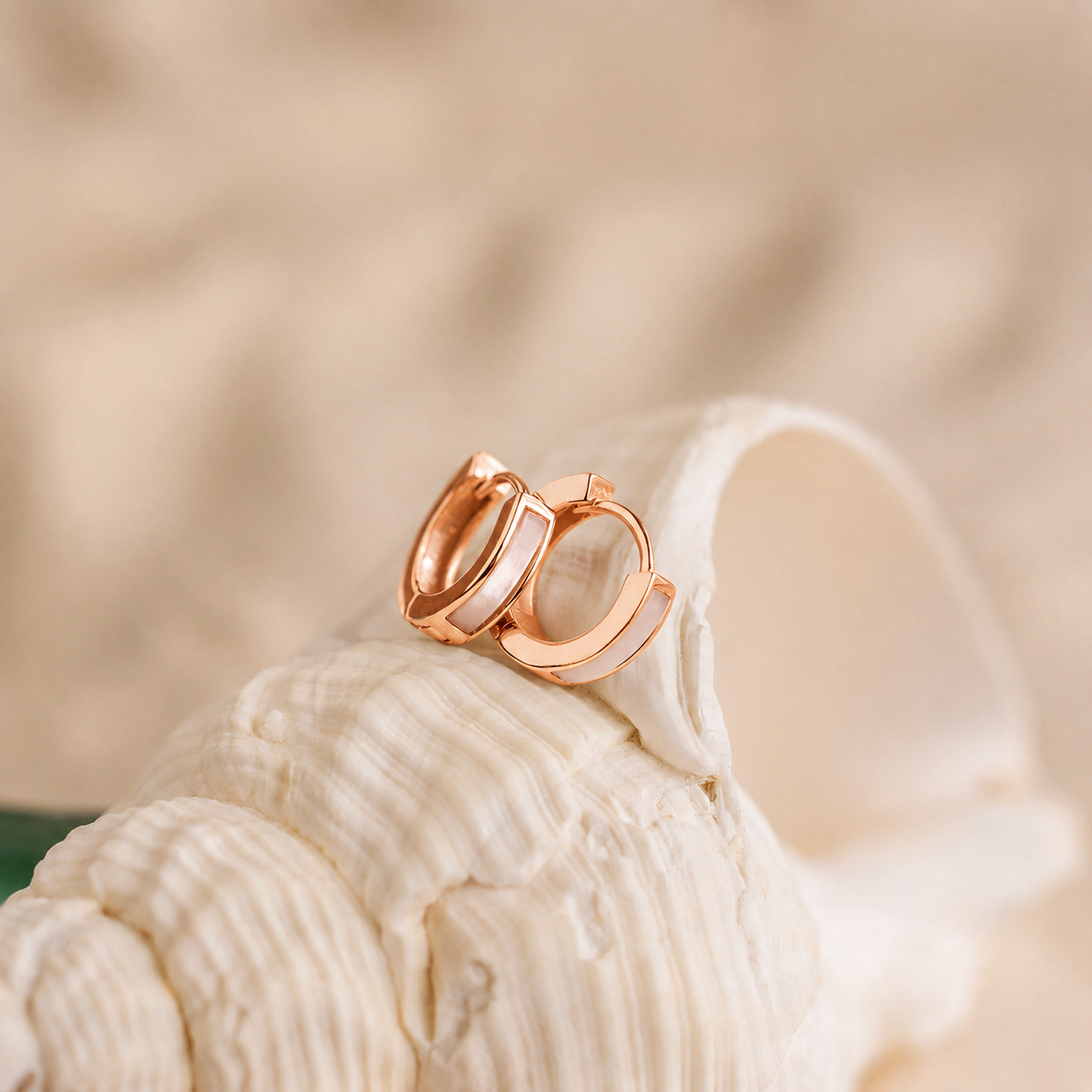 Rose gold hoop earrings on a seashell with a blurred beige background