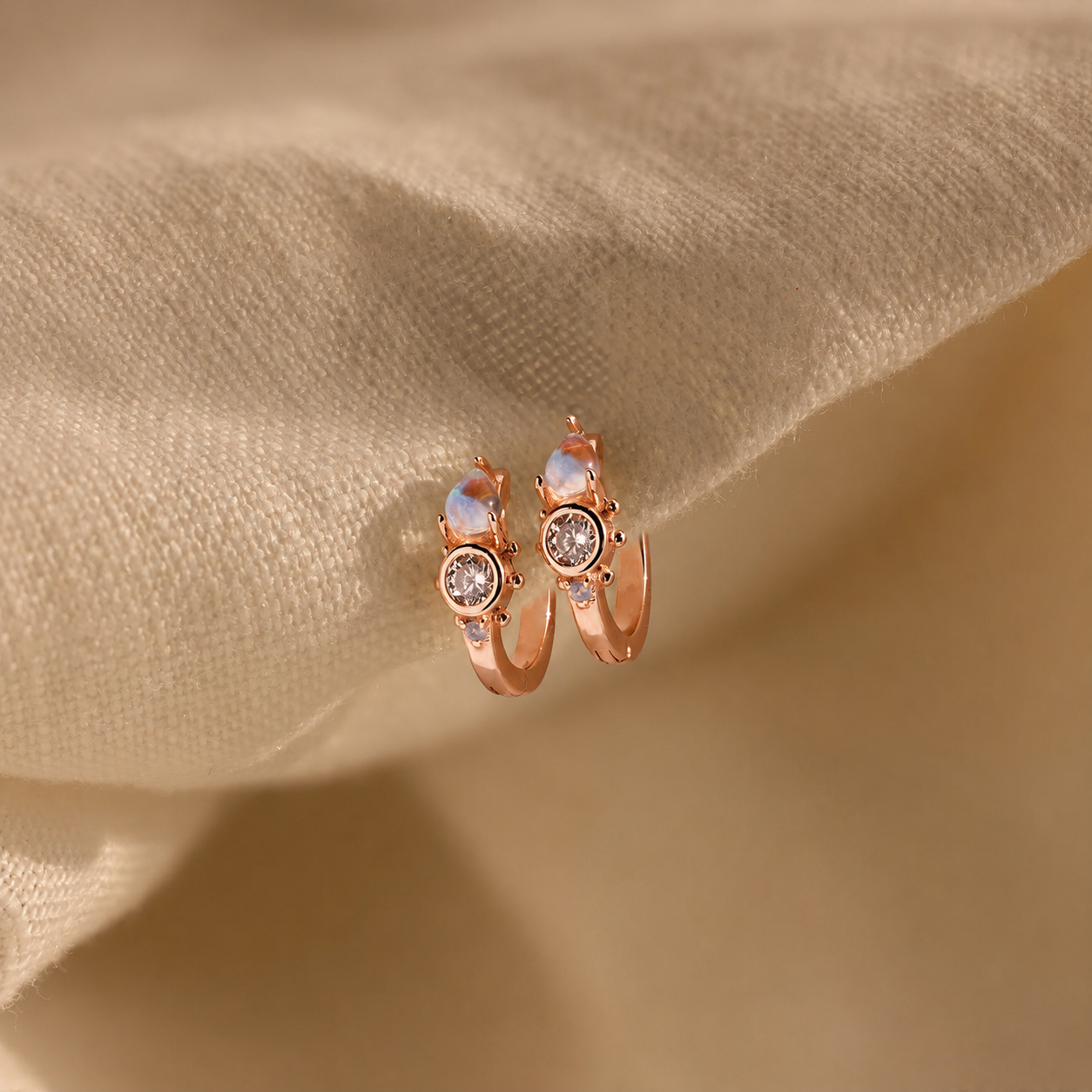 Rose gold hoop earrings with gemstones on a beige fabric background