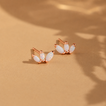Pair of rose gold earrings with white stones on a beige background