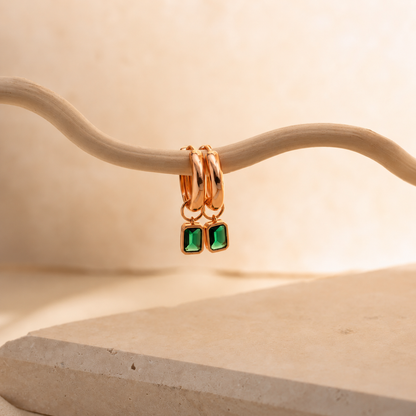 Dangling Emerald Birthstone Hoops