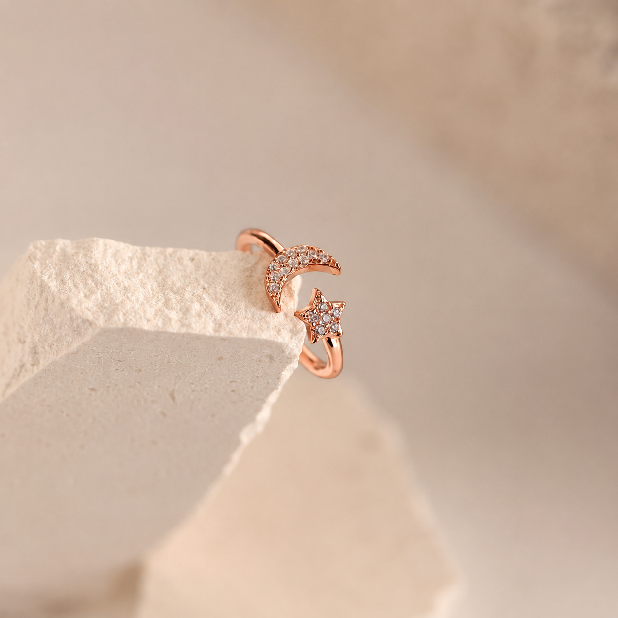Pave Star and Moon Ring: Sterling Silver with 18K Gold Finish and Celestial Design