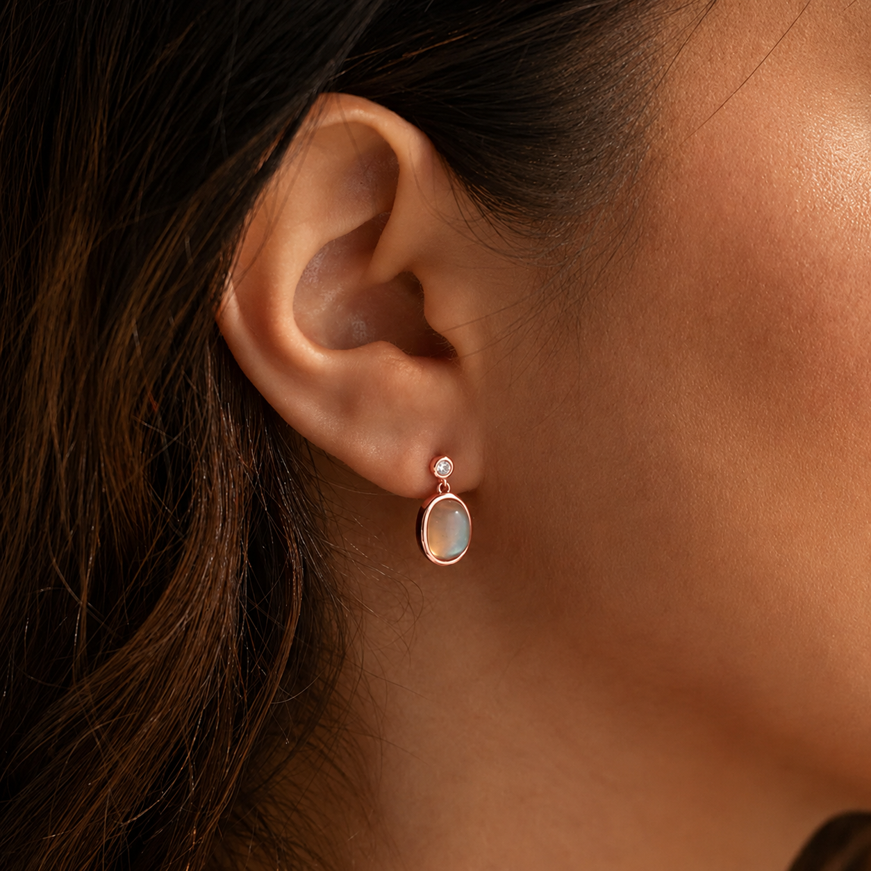 Moonstone Drop Earrings with Diamond Stud