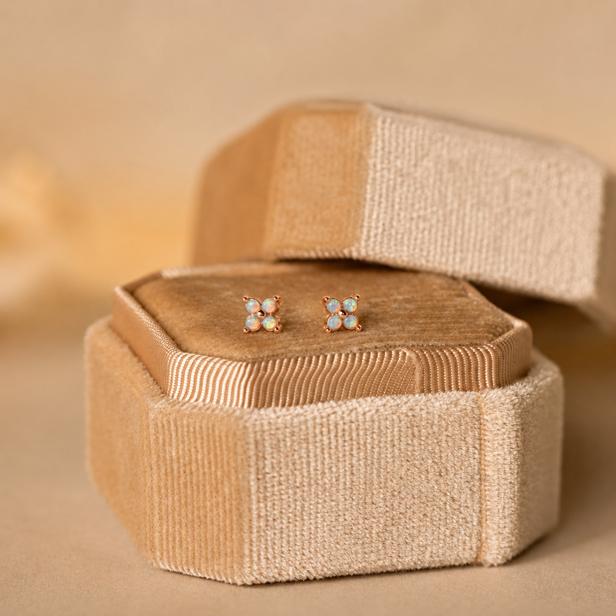 Pair of earrings in a textured beige jewelry box on a matching background