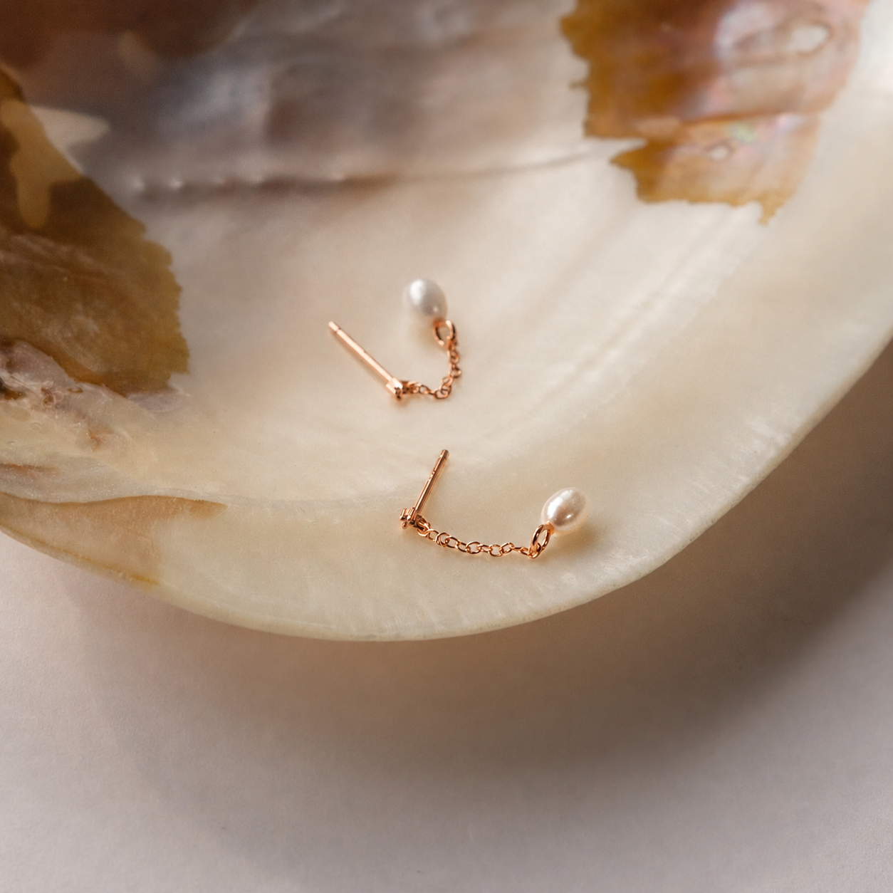 Pair of pearl earrings on a seashell