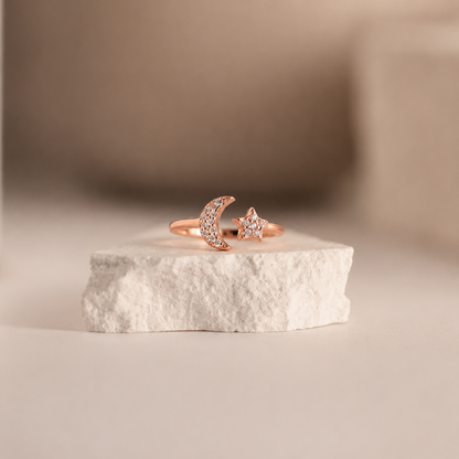 Pave Star and Moon Ring: Sterling Silver with 18K Gold Finish and Celestial Design
