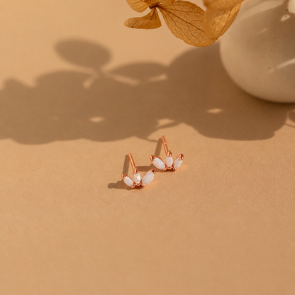 Rose gold earrings with white stones on a beige surface with a leaf and vase in the background