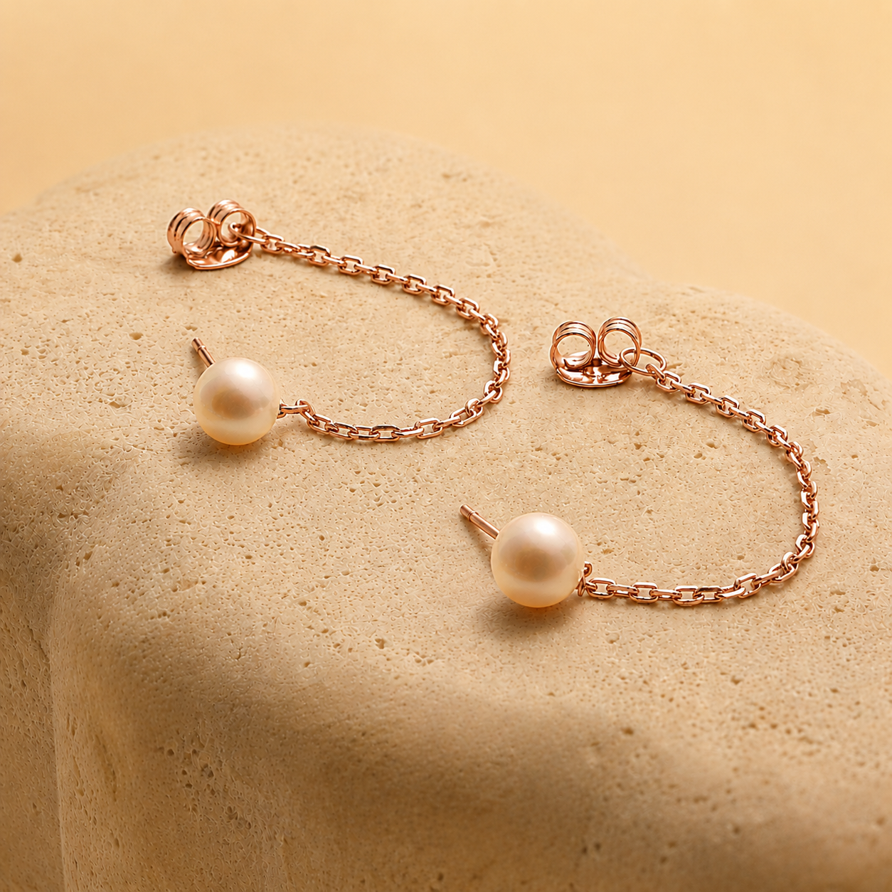 Pearl bracelet and earrings on a beige stone surface