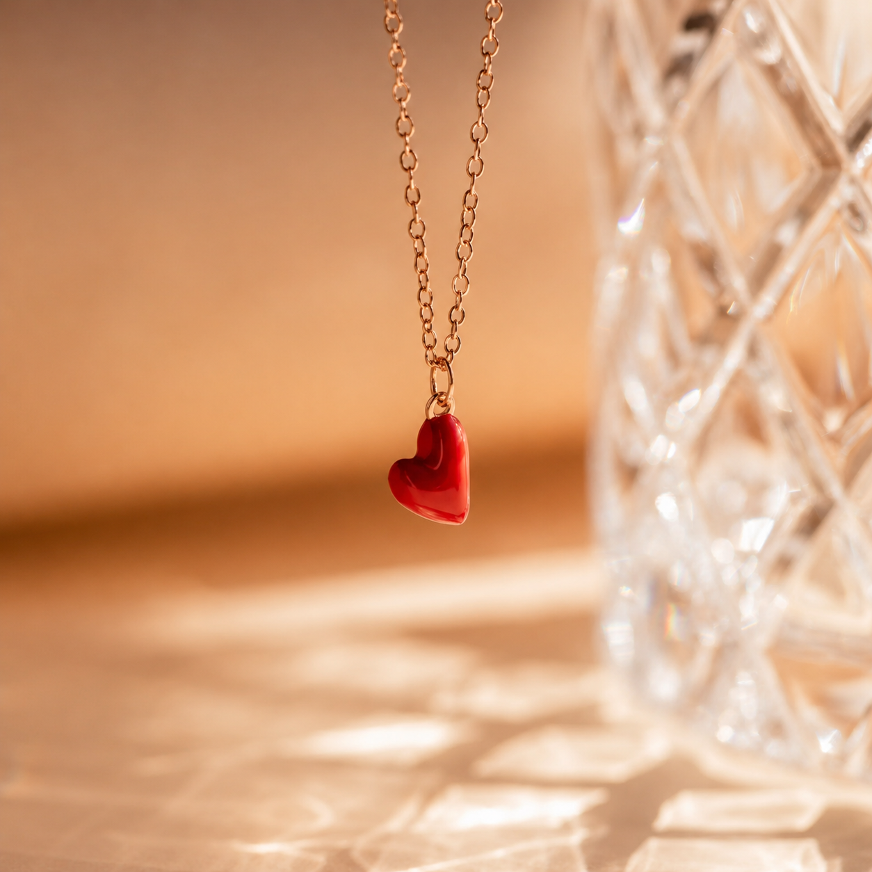 Gold necklace with a red heart pendant against a warm-toned background