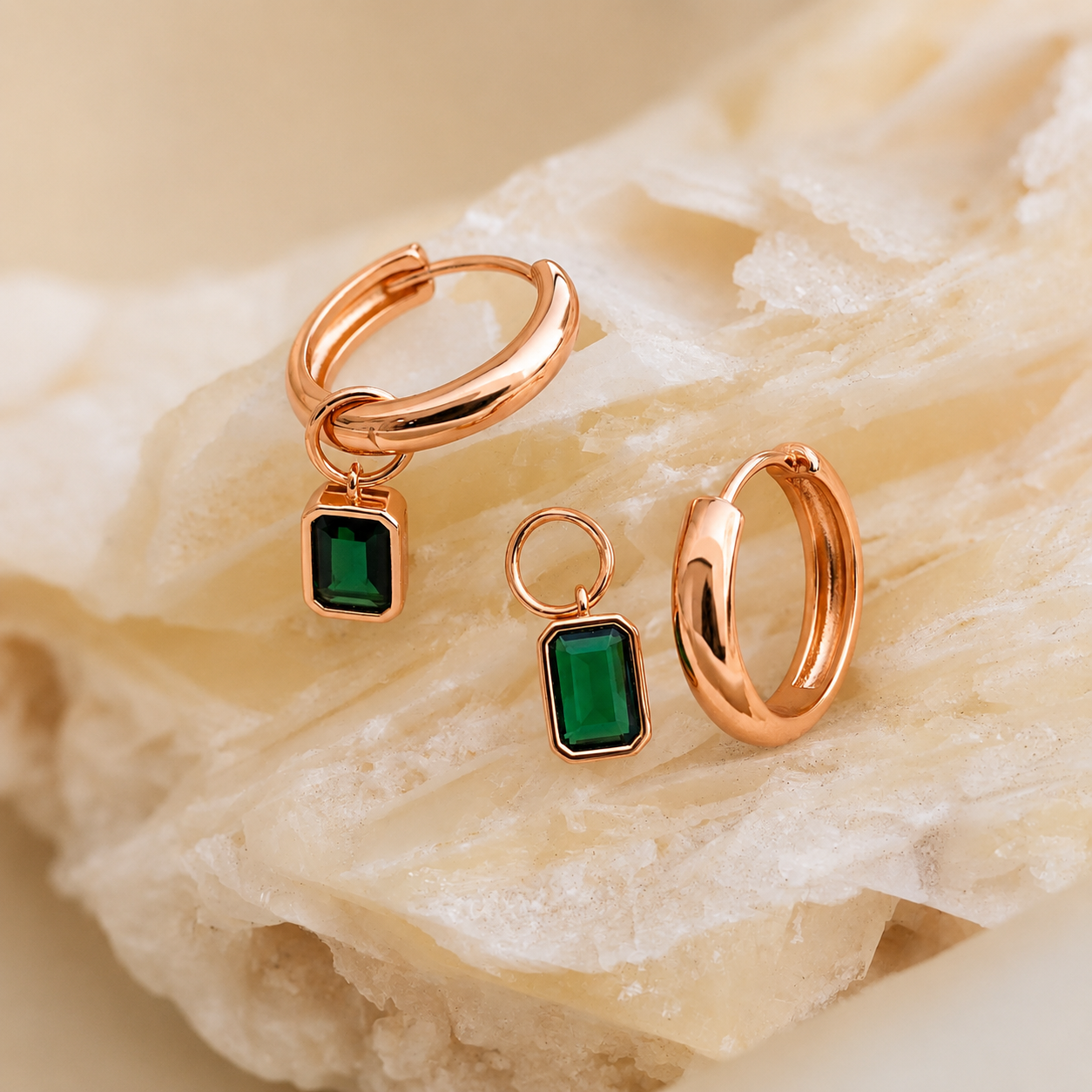 Dangling Emerald Birthstone Hoops