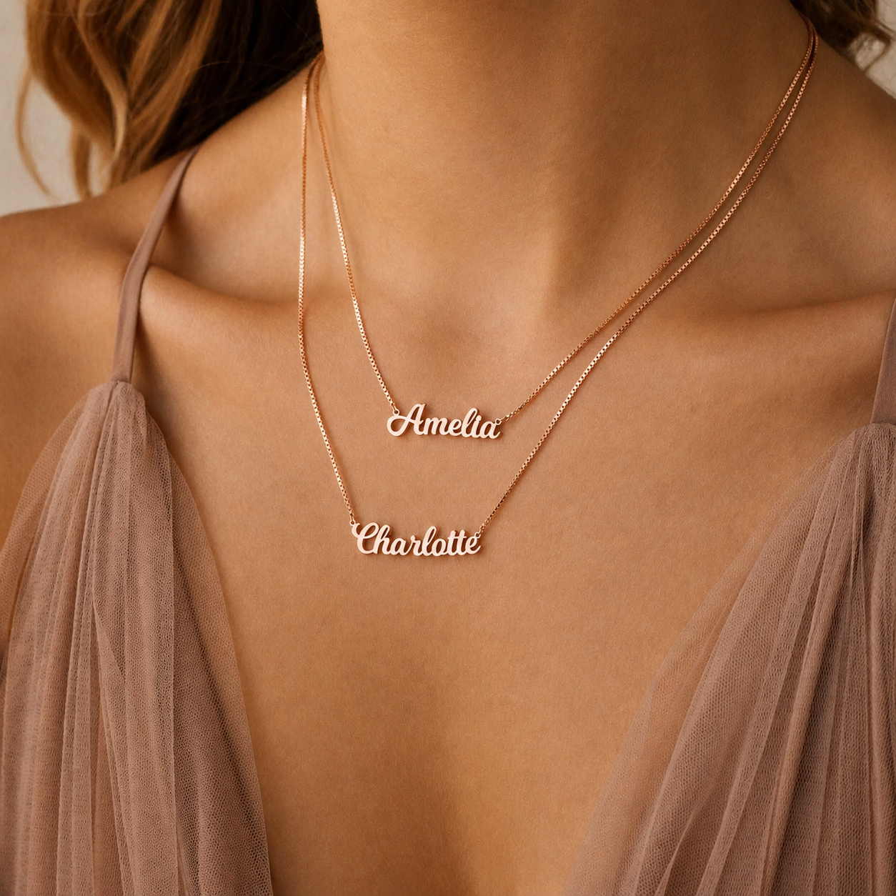 Mellow Double Name Necklace in Box Chain