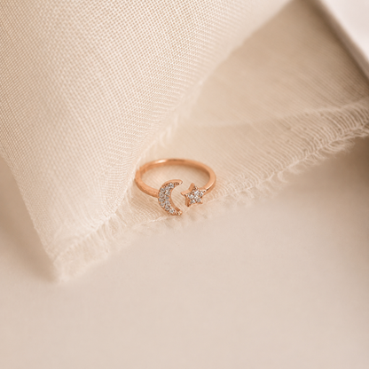 Pave Star and Moon Ring: Sterling Silver with 18K Gold Finish and Celestial Design