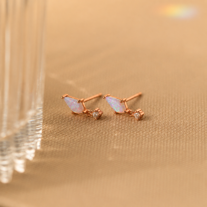 Rose gold earrings with opal stones on a gold background