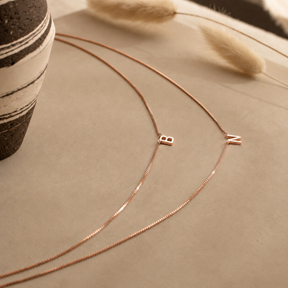 Rose gold necklace with 'B' and 'N' charms on a neutral background