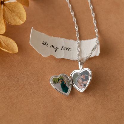 Heart-shaped locket with photos on a brown background with 'we are my love' text