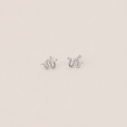 Silver snake-shaped earrings on a light beige background