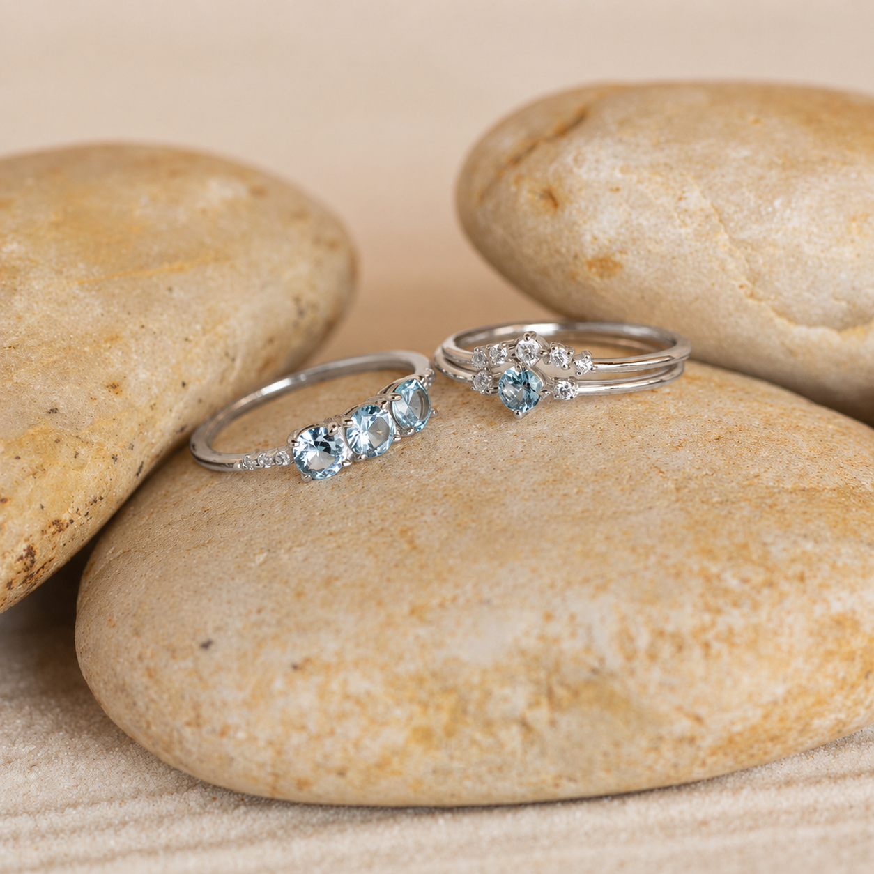 Tranquil Aquamarine Stacking Ring Set: Embrace Ocean-Inspired Serenity
