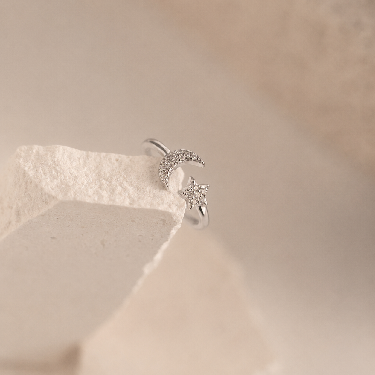 Pave Star and Moon Ring: Sterling Silver with 18K Gold Finish and Celestial Design