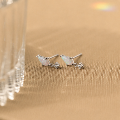 Pair of silver earrings with gemstones on a beige fabric background