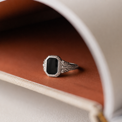 Vintage-Inspired Black Enamel Signet Ring