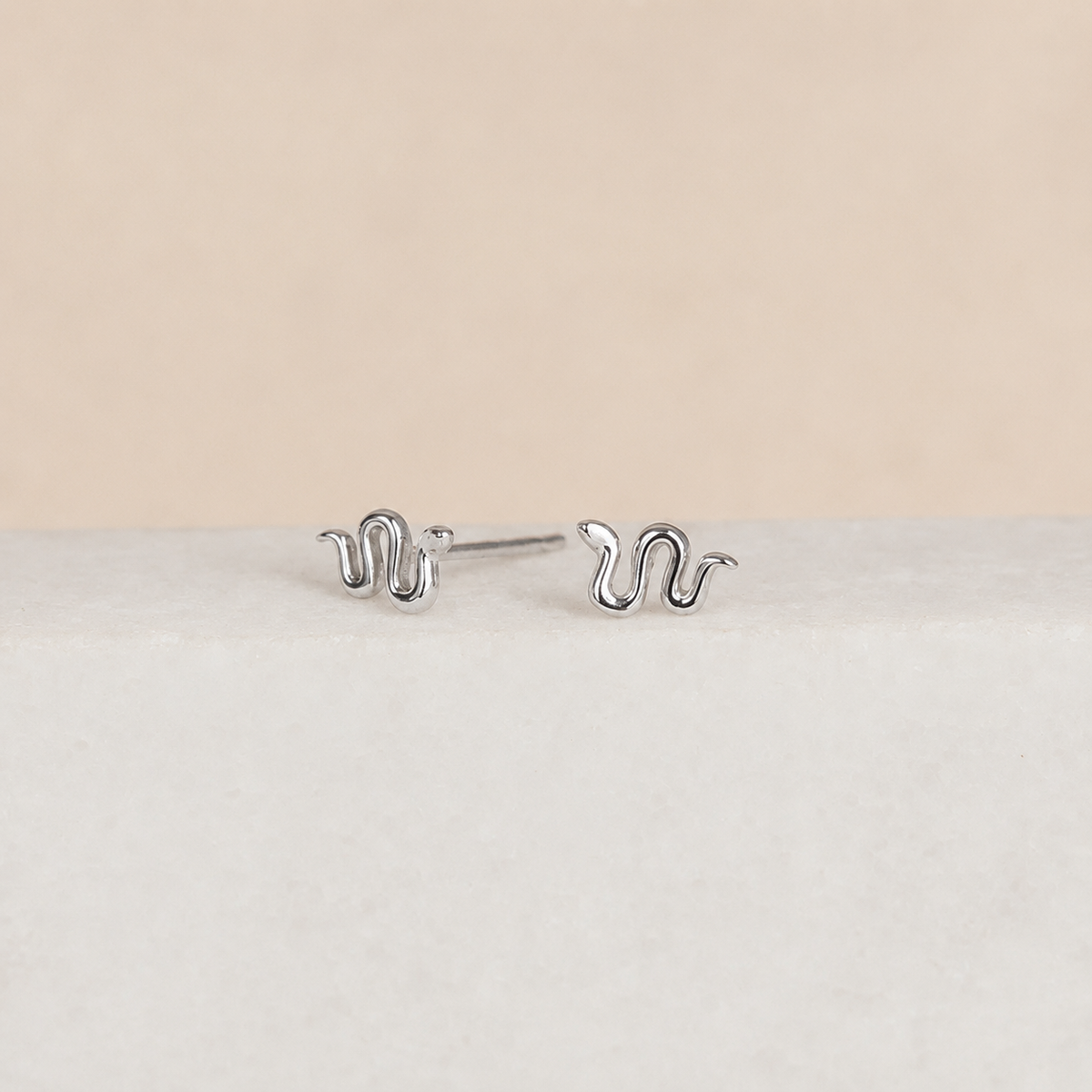 Silver snake-shaped earrings on a light gray surface with a beige background