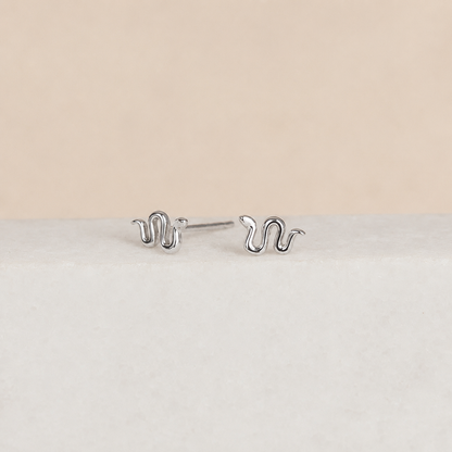 Silver snake-shaped earrings on a light gray surface with a beige background